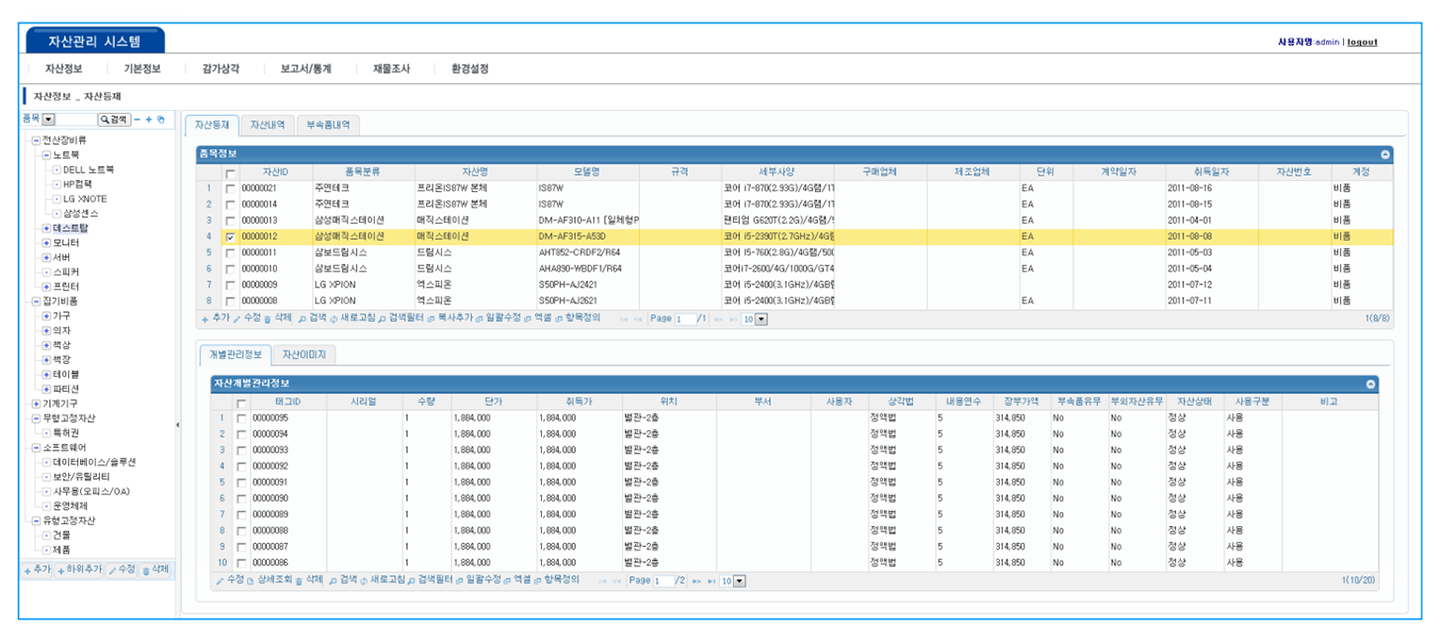 자산관리 실무 화면: 좌측 트리, 상단 목록, 하단 상세·이력 패널