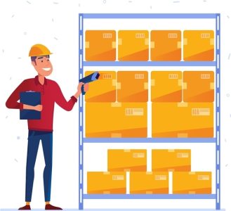Warehouse worker is checking the boxes with QR code scanner. Man using IoT device in the warehouse as a concept of modern industry and logistics technology. Vector illustration on white background.